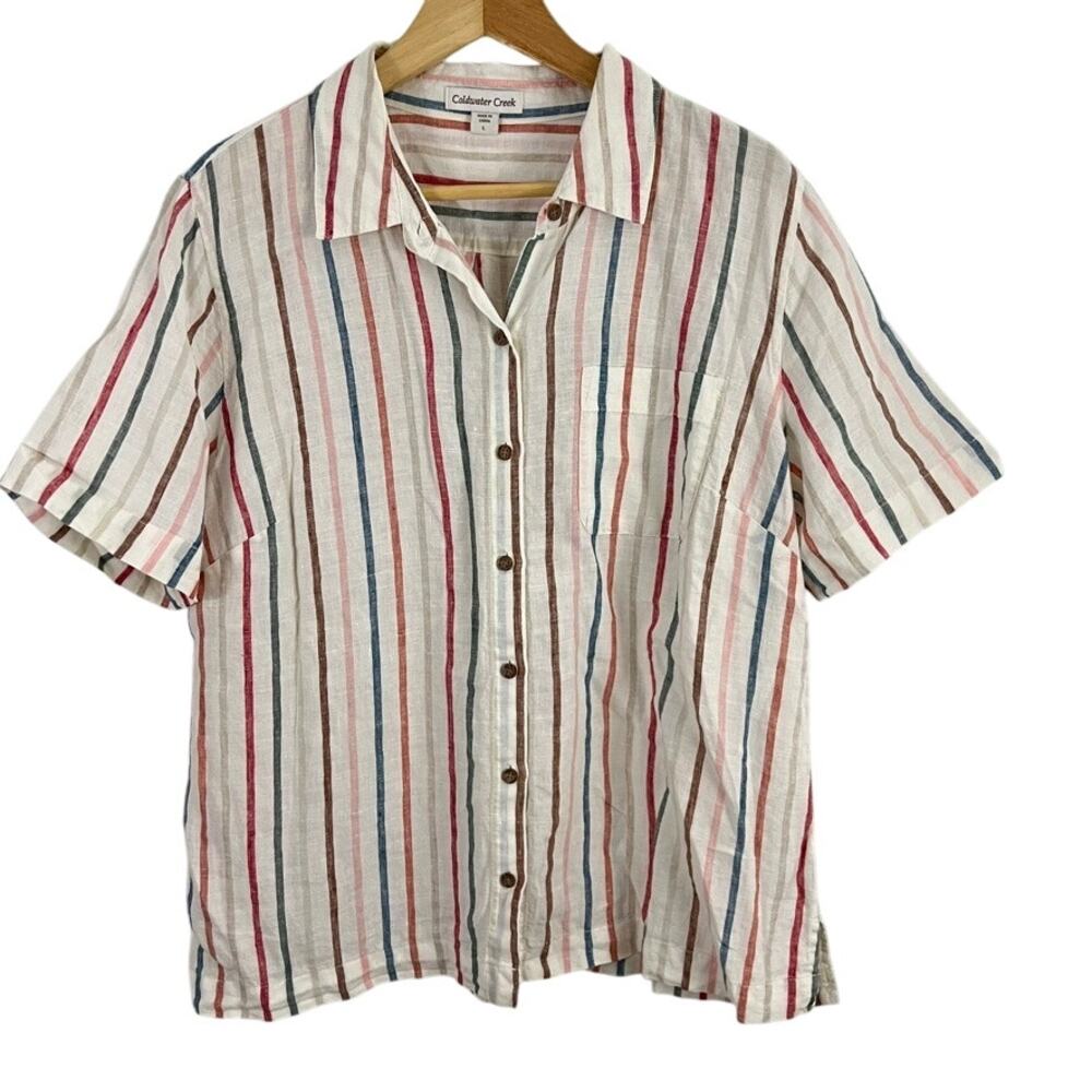 Coldwater Creek Linen Stripe Button Front Short Sleeve Women Size Large